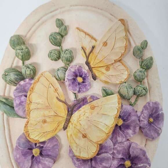 Vintage Butterfly Flower Wall Plaque 3D Oval Chalkware Home Decor Purple Yellow - Picture 2 of 8